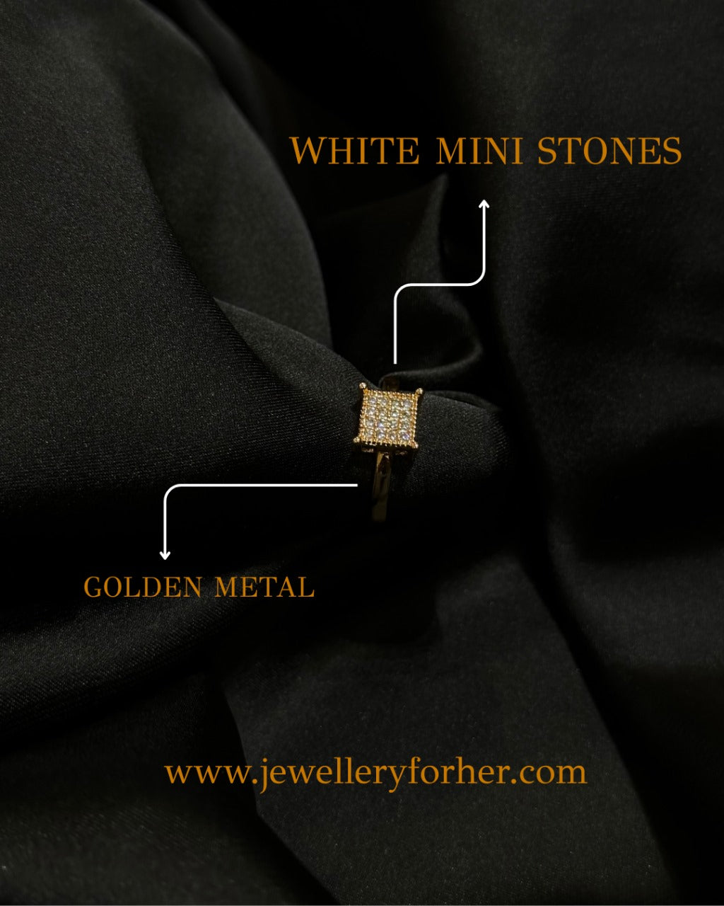 Elegant Square Sparkle Ring – Golden Finish with White Mini Stones in Stainless Steel