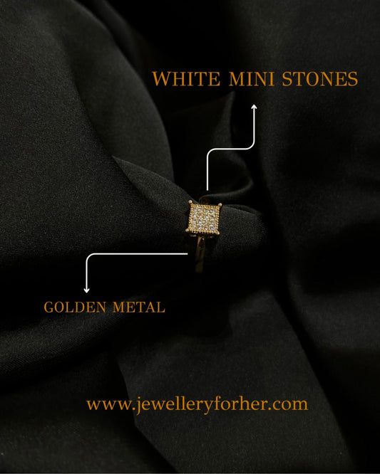 Elegant Square Sparkle Ring – Golden Finish with White Mini Stones in Stainless Steel