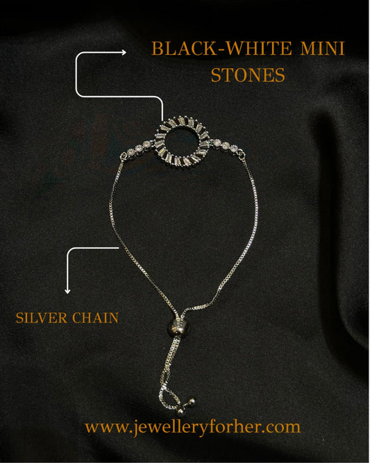 Radiant Halo Bracelet – Silver Chain with Black & White Stones in Stainless Steel