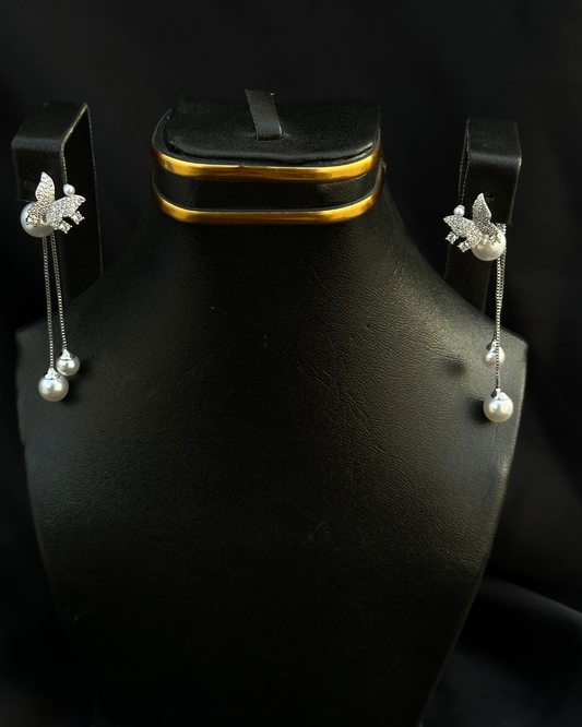 Pearl Drop Leaf Stainless Earrings with Crystal Accents